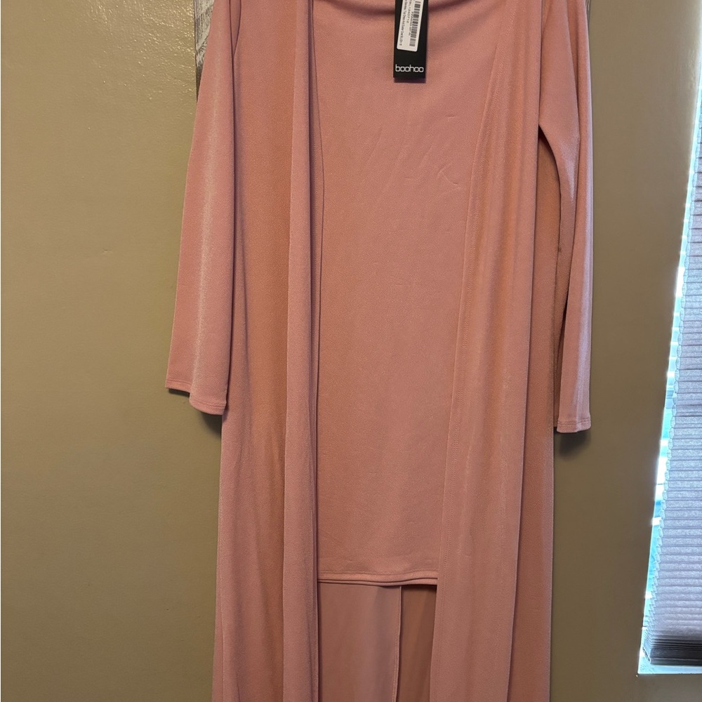 Boohoo Soft Pink Drape Cardigan with bodycon tube top dress